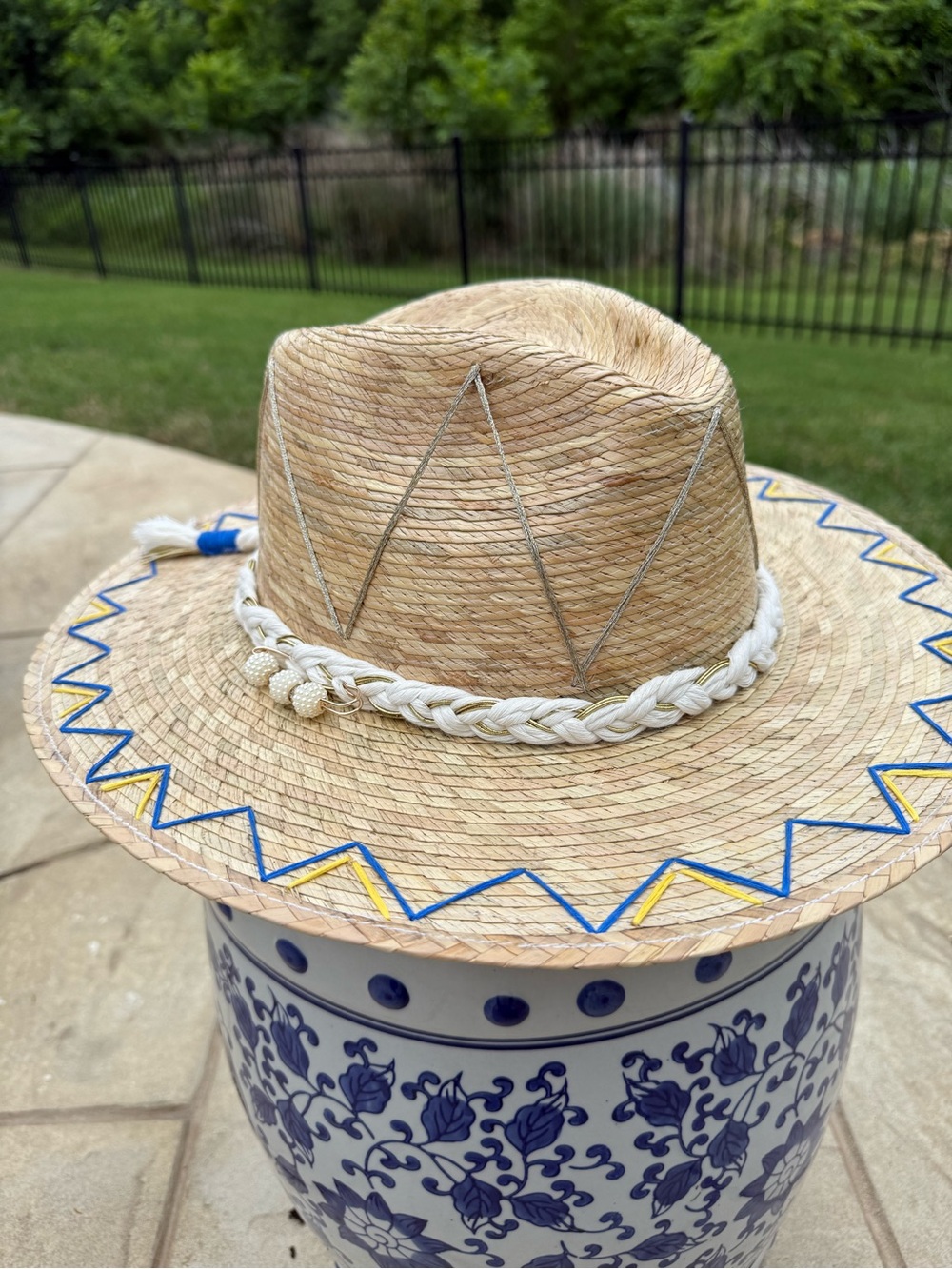 Braided Trim Straw Sun Hat with Blue & Yellow Zigzag Detail